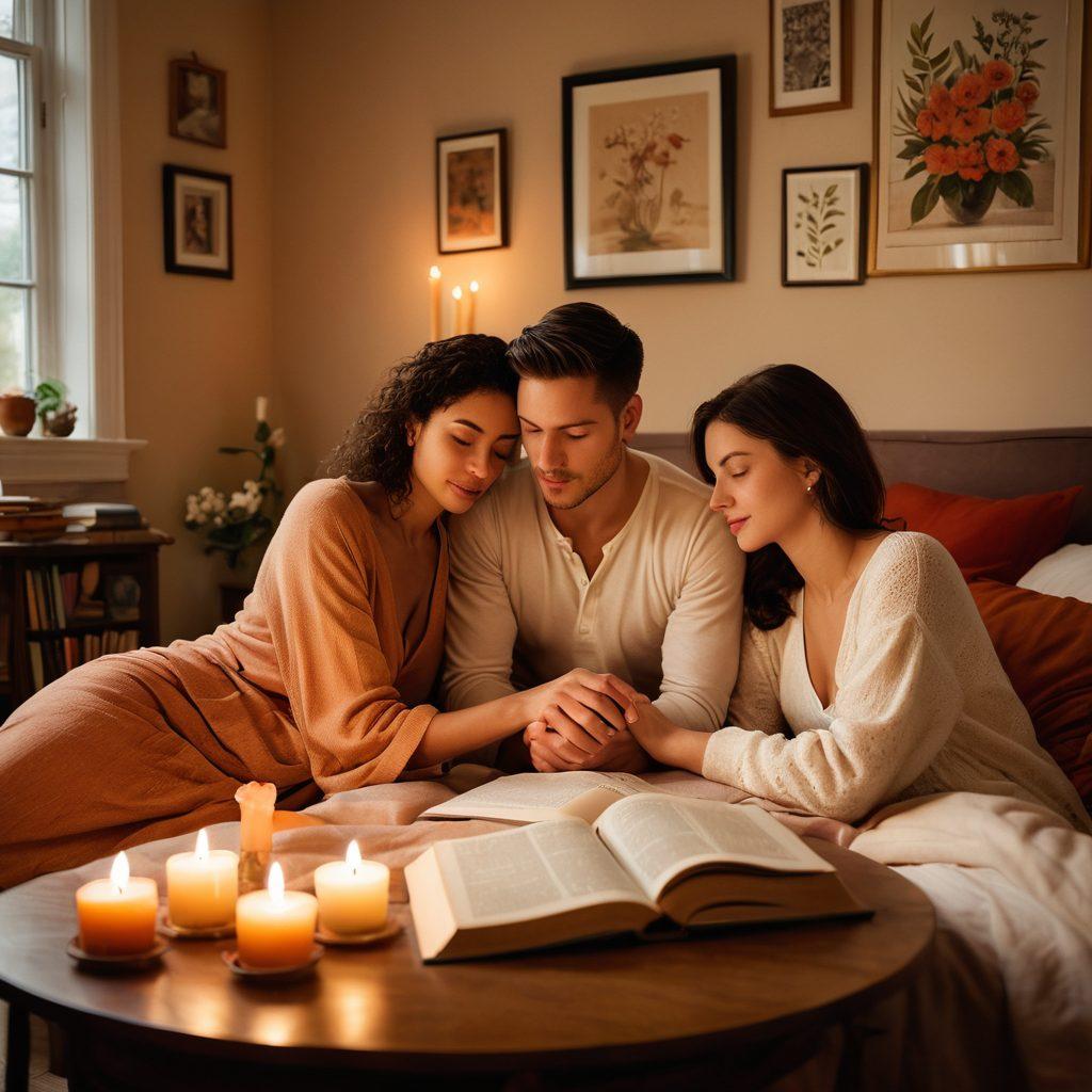 A serene and inviting scene of a couple in a cozy, softly lit room, surrounded by symbols of intimacy and connection such as candles, flowers, and comfortable textiles. The couple should exhibit warmth and trust, engaging in a gentle communication or playful interaction, reflecting the essence of sexual wellness and healthy relationships. Include subtle hints of books or art about intimacy and love on the walls. soft-focus. warm colors. inviting atmosphere.