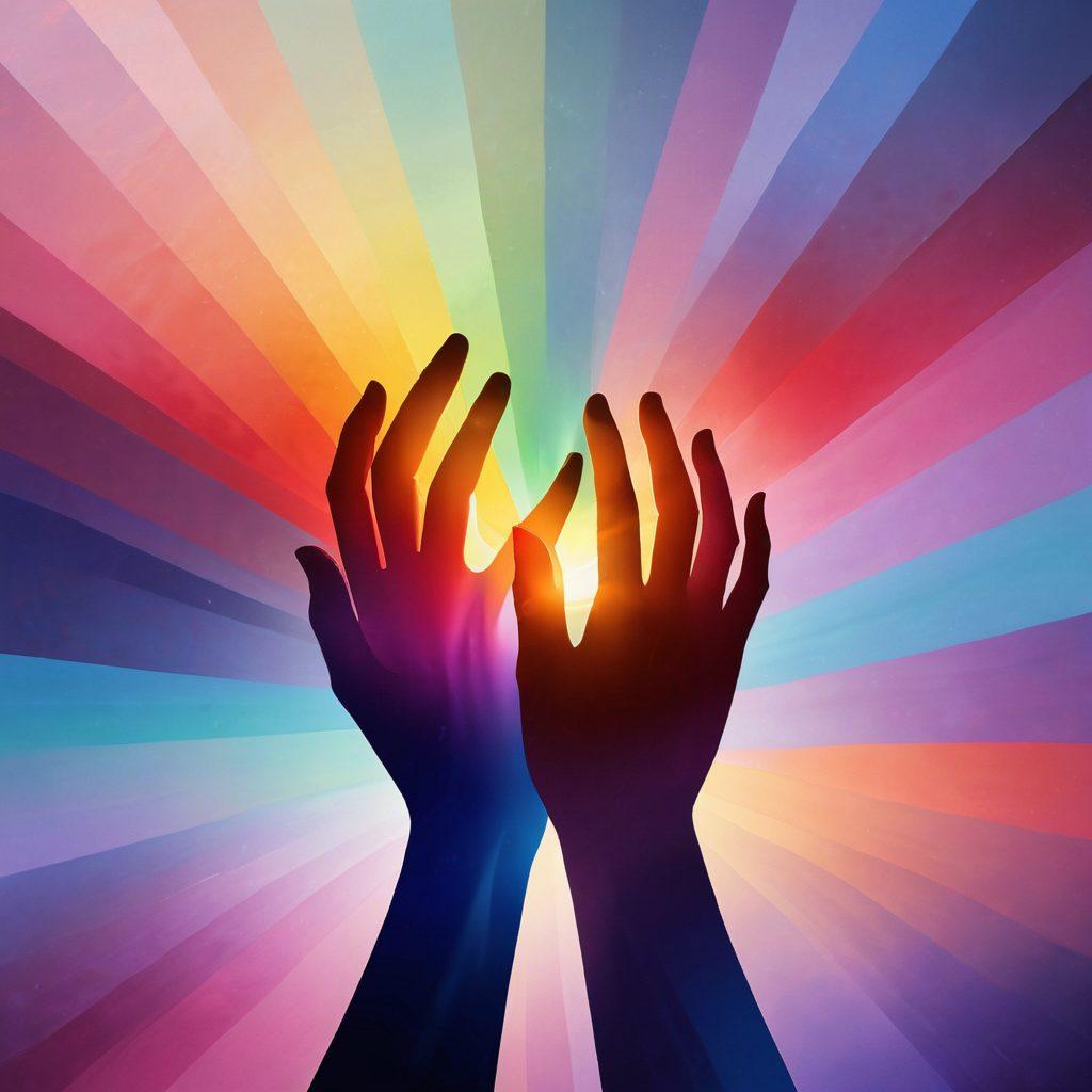 An abstract representation of intimacy, showcasing a gradient spectrum of colors signifying different types of relationships, with intertwined hands symbolizing connection and affection. In the background, soft silhouettes of diverse couples engage in playful and loving moments, surrounded by ethereal light effects that convey warmth and pleasure. Artistic touches illustrate symbols of intimacy and comfort throughout. vibrant colors. super-realistic.